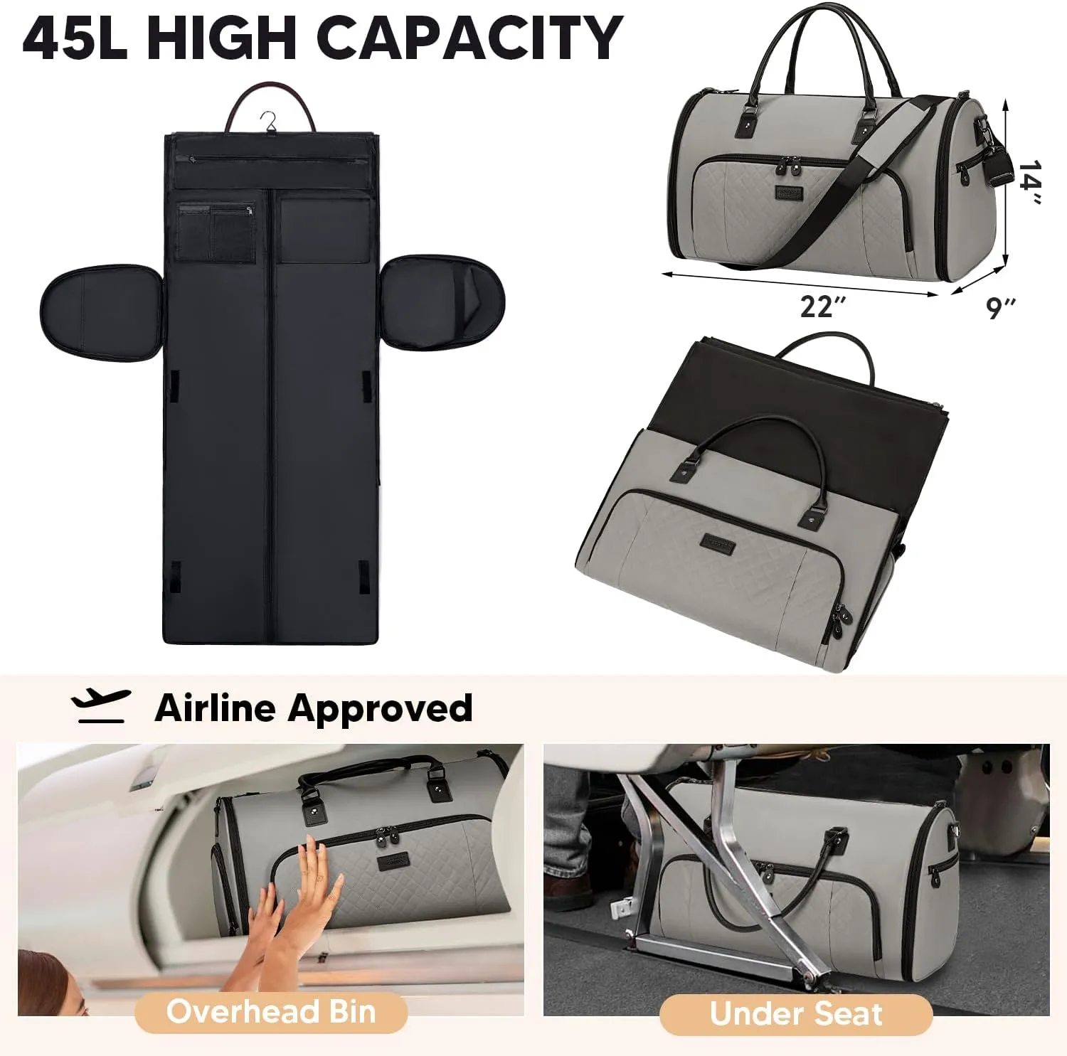 Convertible Garment Bags for Travel, Carry On Garment Duffle Bags for Women, Garment Bag with Shoes Compartment, 2 in 1 Travel Suit Bag with Detachable Shoulder Strap-Grey