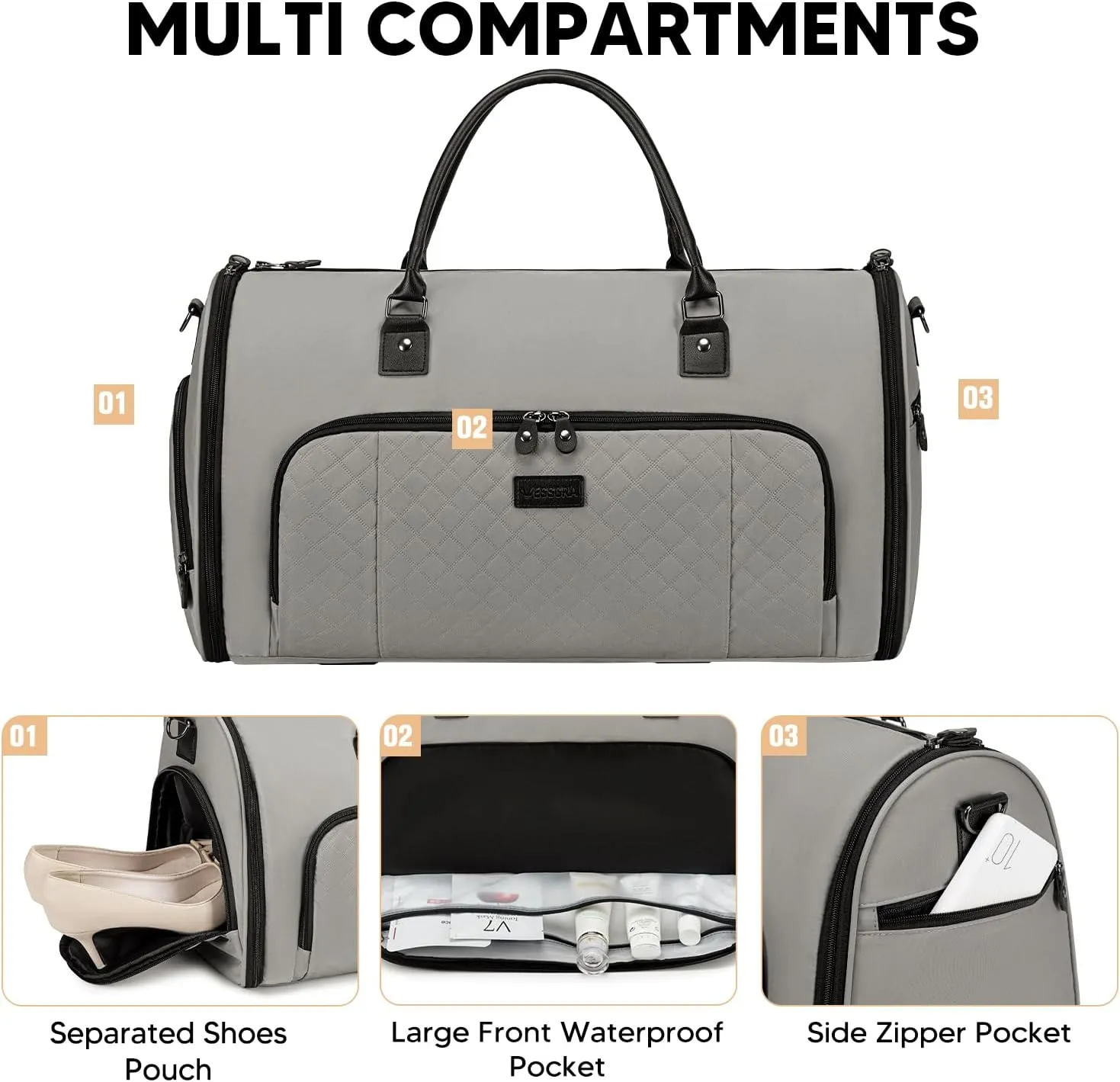 Convertible Garment Bags for Travel, Carry On Garment Duffle Bags for Women, Garment Bag with Shoes Compartment, 2 in 1 Travel Suit Bag with Detachable Shoulder Strap-Grey