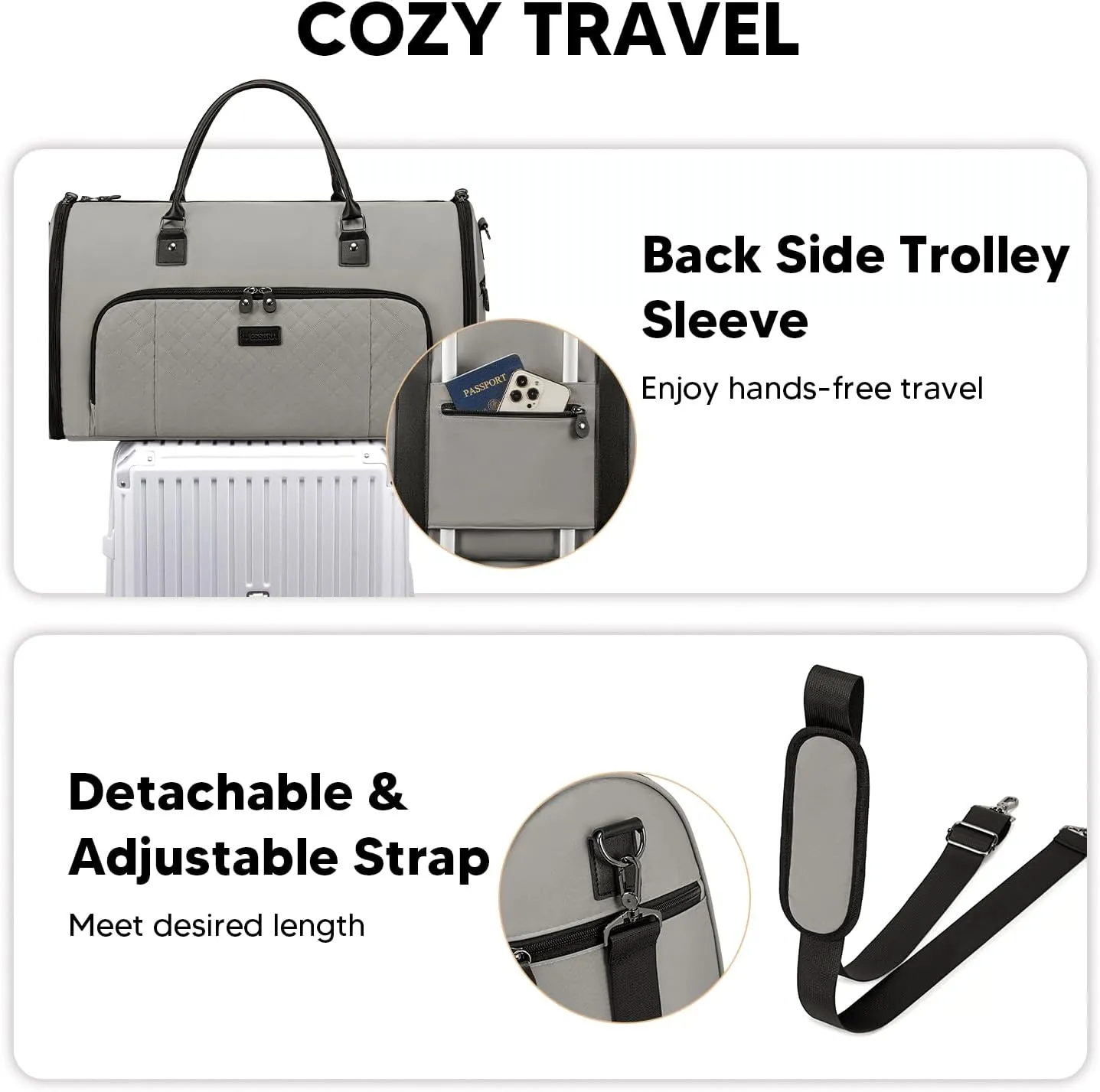 Convertible Garment Bags for Travel, Carry On Garment Duffle Bags for Women, Garment Bag with Shoes Compartment, 2 in 1 Travel Suit Bag with Detachable Shoulder Strap-Grey