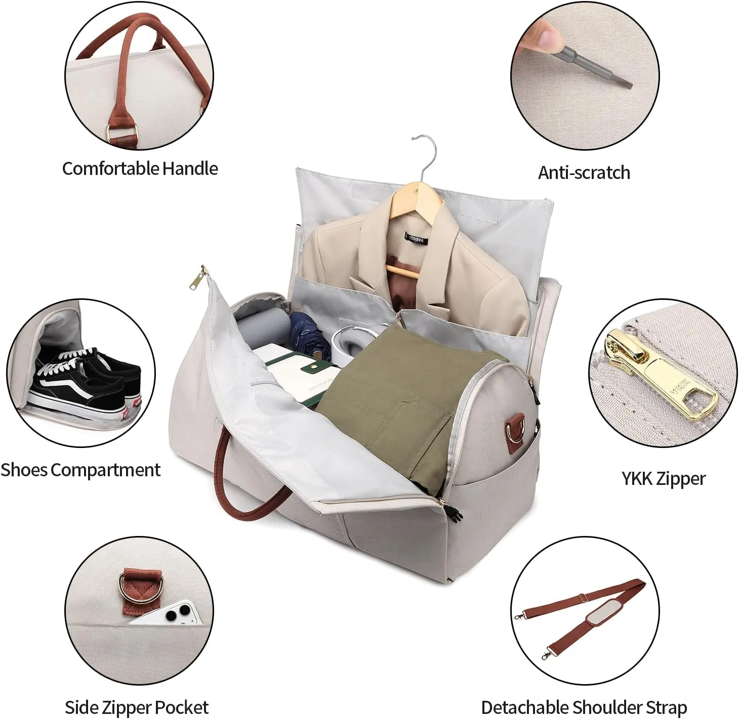 Convertible Garment Bags for Travel,Carry On Garment Bag for Women Large Duffle Bag with Shoe Pouch-2 in 1 Hanging Suitcase Suit Bag for Women Travel Duffle Bags Garment Bag Gifts Beige