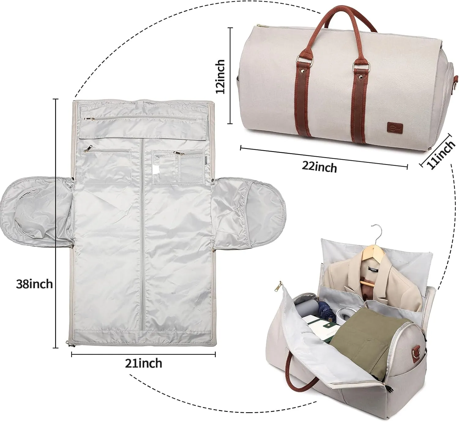 Convertible Garment Bags for Travel,Carry On Garment Bag for Women Large Duffle Bag with Shoe Pouch-2 in 1 Hanging Suitcase Suit Bag for Women Travel Duffle Bags Garment Bag Gifts Beige