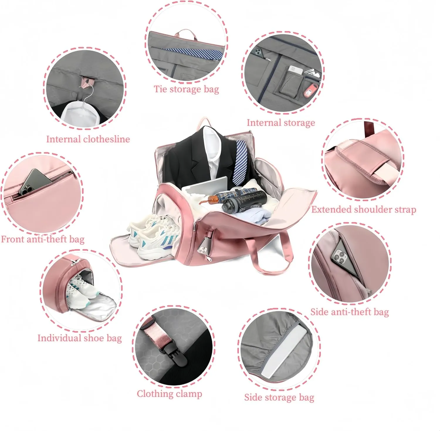 Convertible Garment Duffel Bag, 57L Garment Travel Bag for Women, Garment Duffle Bags for Travel, Suit Carry on Garment Bag for Travel (Pink)