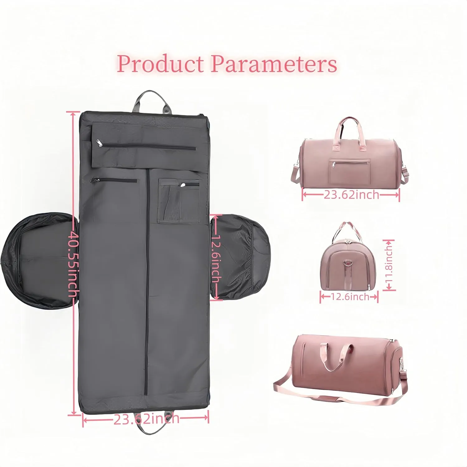 Convertible Garment Duffel Bag, 57L Garment Travel Bag for Women, Garment Duffle Bags for Travel, Suit Carry on Garment Bag for Travel (Pink)