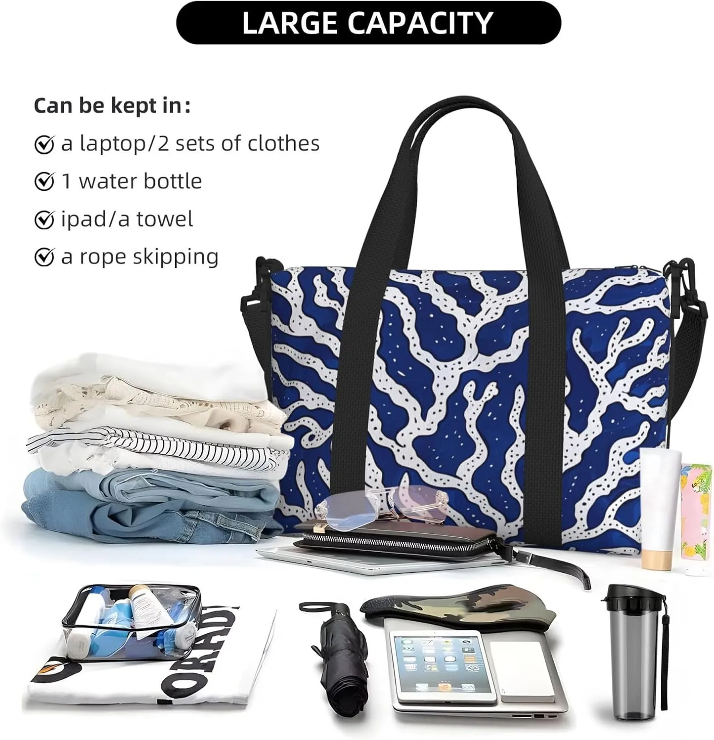 coral blue art print Travel Duffel Bag, Sports Tote Gym Bag, Swim Pool Bag Large Shoulder Tote Bag for Beach Weekender, 202-406-121