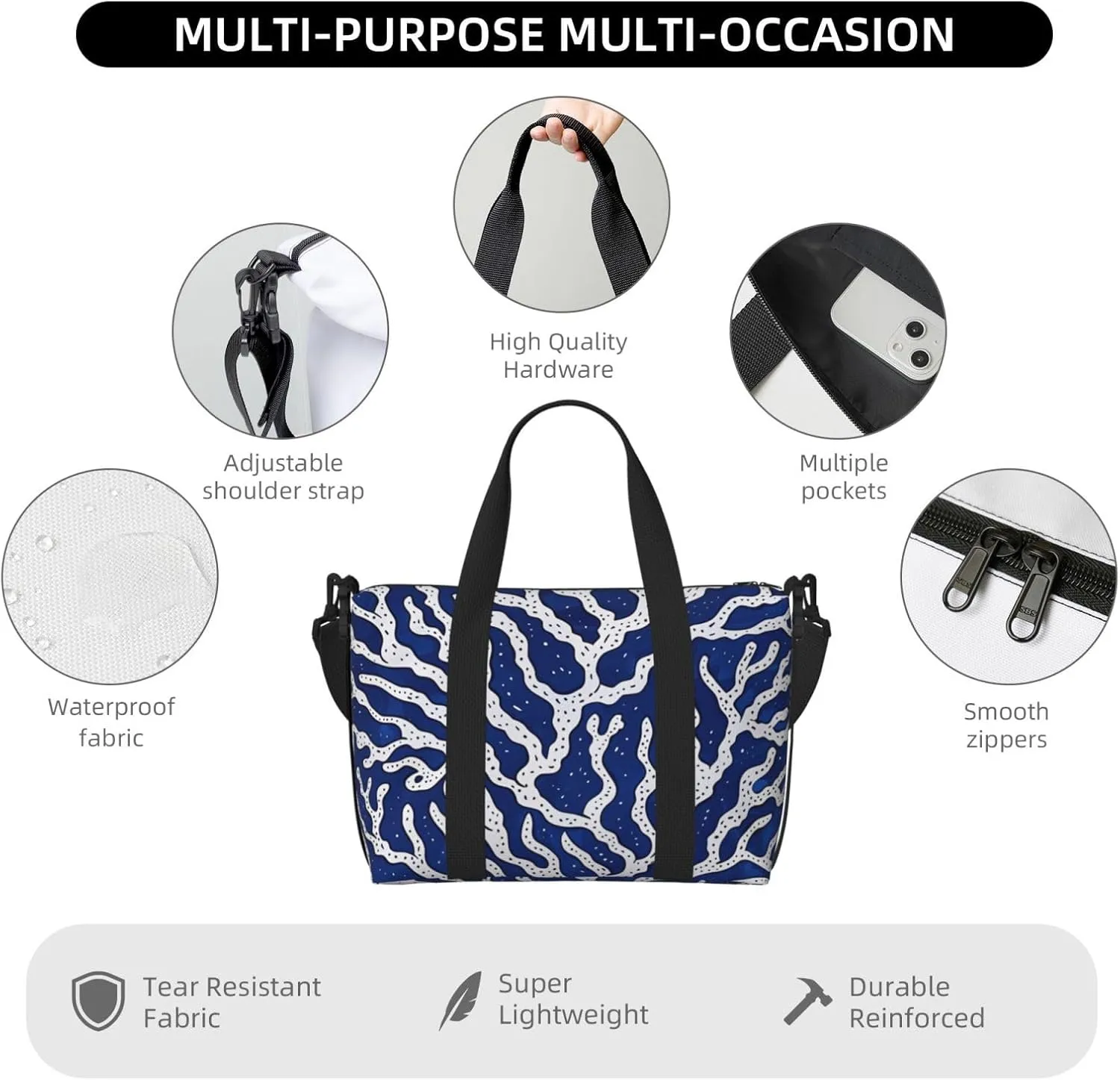 coral blue art print Travel Duffel Bag, Sports Tote Gym Bag, Swim Pool Bag Large Shoulder Tote Bag for Beach Weekender, 202-406-121