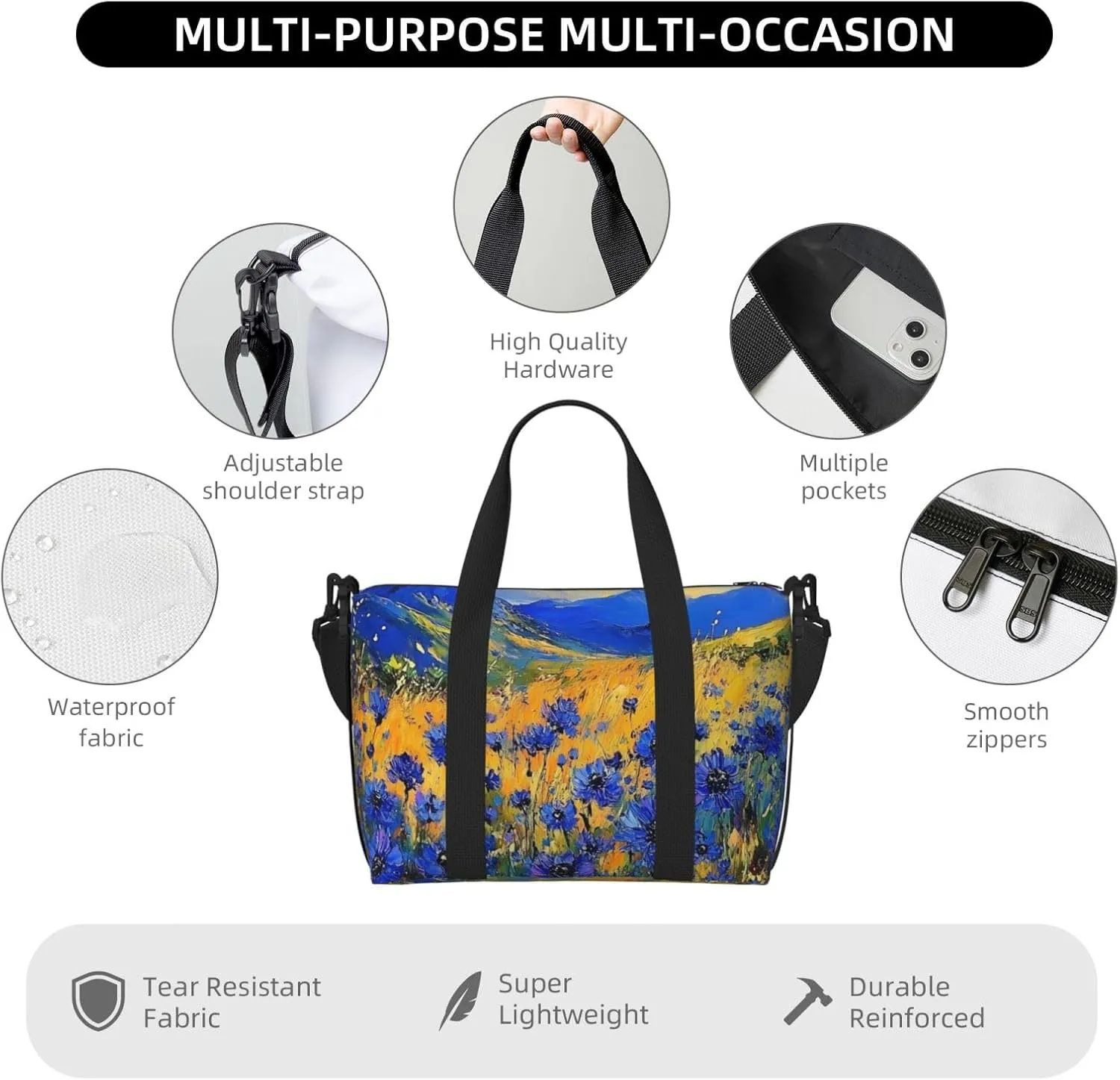 cornflowers print Travel Duffel Bag, Sports Tote Gym Bag, Swim Pool Bag Large Shoulder Tote Bag for Beach Weekender
