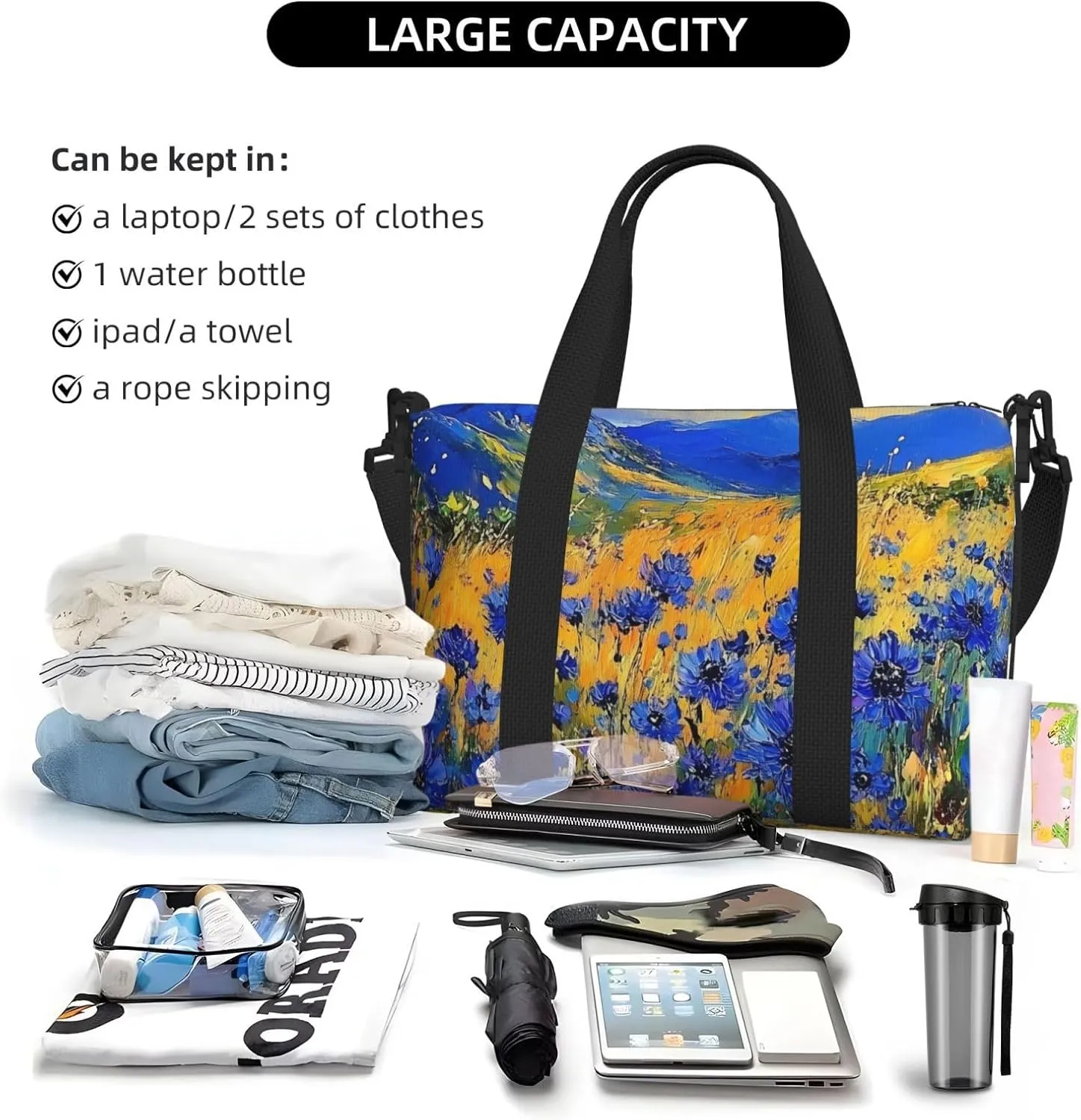 cornflowers print Travel Duffel Bag, Sports Tote Gym Bag, Swim Pool Bag Large Shoulder Tote Bag for Beach Weekender
