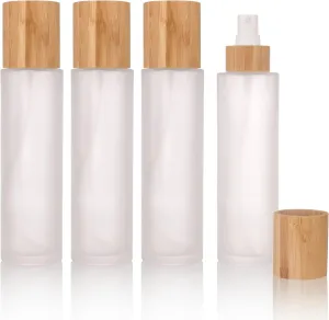 COSIDEA 4 pcs Empty5oz /150ml bamboo lid Frosted glass spray bottle with fine mist despenser head for liquid perfume toiletries containers, toner bottles