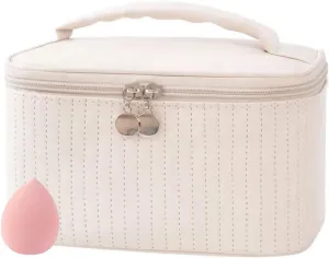 Cosmetic Bag for Women & Makeup Sponge – Waterproof Travel Makeup Organizer Case with Compartments – Long Toiletry Bag for Brushes, Skincare & Cosmetics – Beige