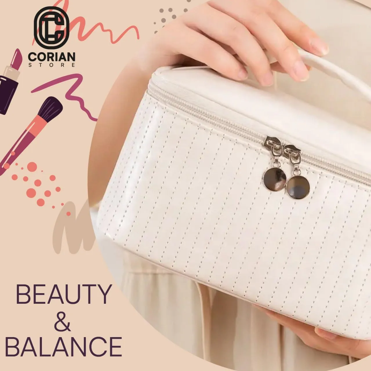 Cosmetic Bag for Women & Makeup Sponge – Waterproof Travel Makeup Organizer Case with Compartments – Long Toiletry Bag for Brushes, Skincare & Cosmetics – Beige