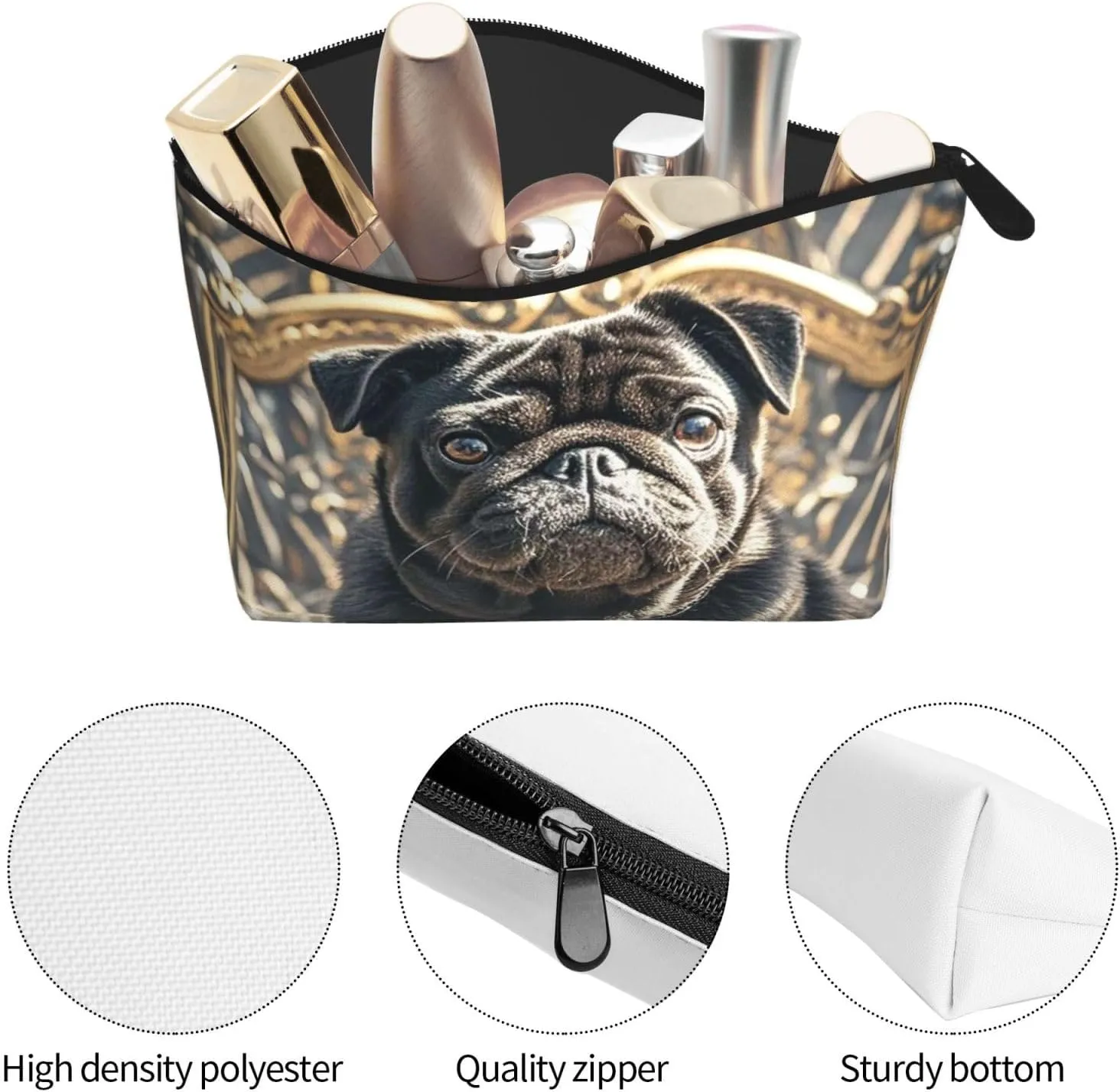 Cosmetic Bag Portable Makeup Bag Cute Black Pug Dog Toiletry Bag Large Capacity Zipper Pouch Waterproof Toiletry Pouch Makeup Organizer Case for Women Men
