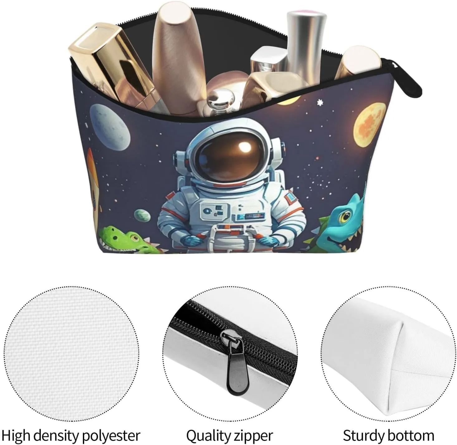Cosmetic Bag Portable Makeup Bag Funny Astronaut Dinosaur Rocket Toiletry Bag Large Capacity Zipper Pouch Waterproof Toiletry Pouch Makeup Organizer Case for Women Men