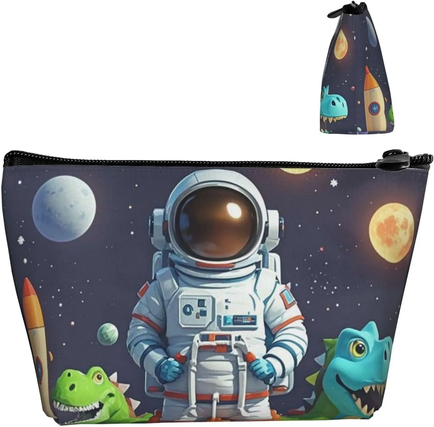 Cosmetic Bag Portable Makeup Bag Funny Astronaut Dinosaur Rocket Toiletry Bag Large Capacity Zipper Pouch Waterproof Toiletry Pouch Makeup Organizer Case for Women Men
