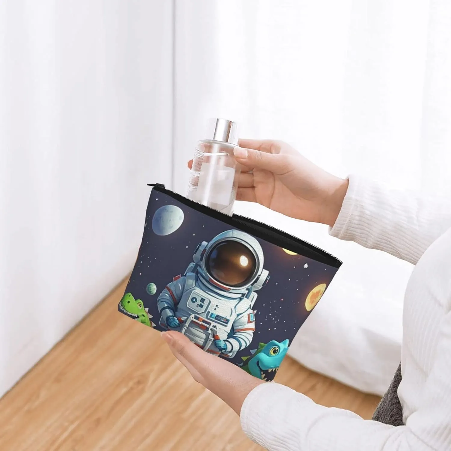 Cosmetic Bag Portable Makeup Bag Funny Astronaut Dinosaur Rocket Toiletry Bag Large Capacity Zipper Pouch Waterproof Toiletry Pouch Makeup Organizer Case for Women Men
