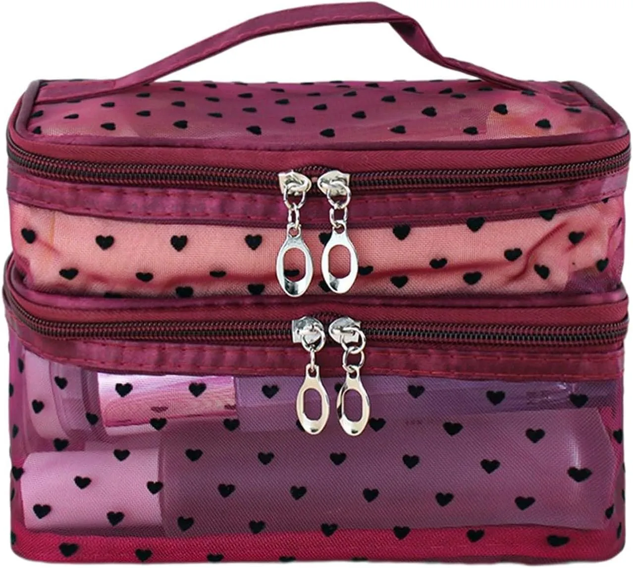 Cosmetic Bag Travel Makeup Bag Mesh Double Layer Large Makeup Pouch Travel Accessories Essentials Toiletry Bag for Women Makeup Travel Organizer (double-layer red)