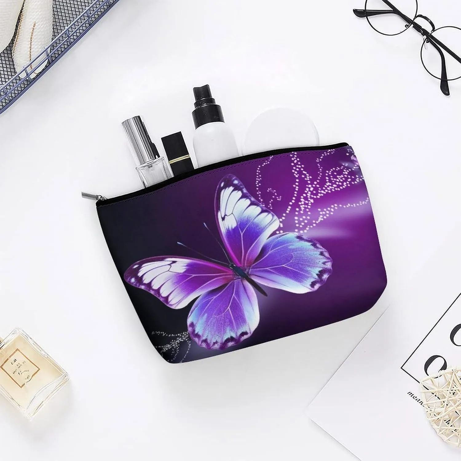 Cosmetic Bag Travel Makeup Bag Waterproof Toiletry Bag Lovely Purple Butterfly Makeup Organizer Case Portable Toiletry Pouch Large Capacity Zipper Pouch for Women Men