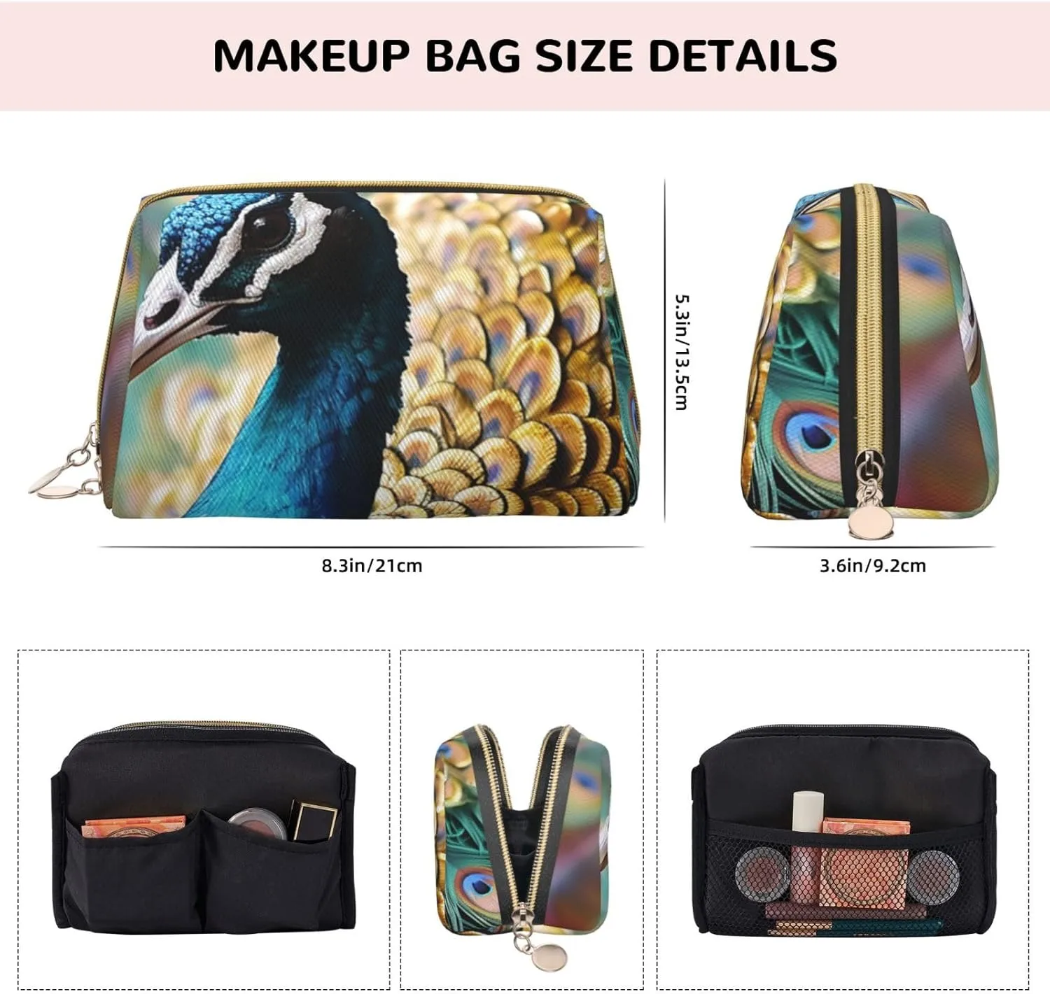 Cosmetic bag Travel Makeup Bag Waterproof Toiletry Pouch Portable Wide open Pouch Beautiful peacock Makeup Organizer Case Large Capacity Zipper Pouch Toiletry bag for women
