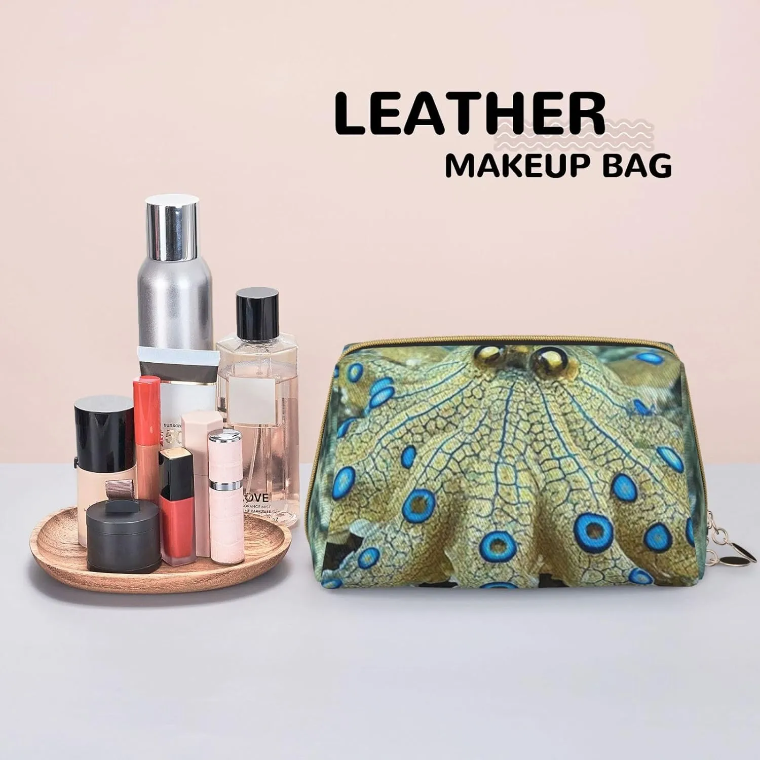 Cosmetic Bag Travel Makeup Bag Waterproof Toiletry Pouch Portable Wide Open Pouch Chickens and Farm Makeup Organizer Case Large Capacity Zipper Pouch Toiletry Bag for Women, Blue Ringed Octopus, One
