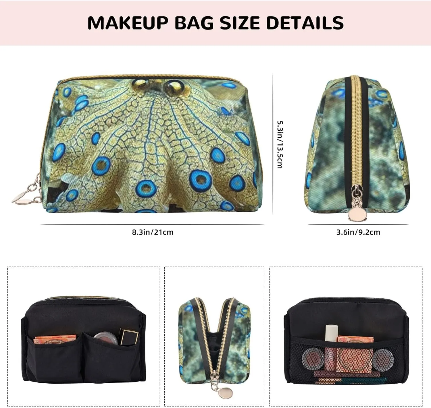 Cosmetic Bag Travel Makeup Bag Waterproof Toiletry Pouch Portable Wide Open Pouch Chickens and Farm Makeup Organizer Case Large Capacity Zipper Pouch Toiletry Bag for Women, Blue Ringed Octopus, One
