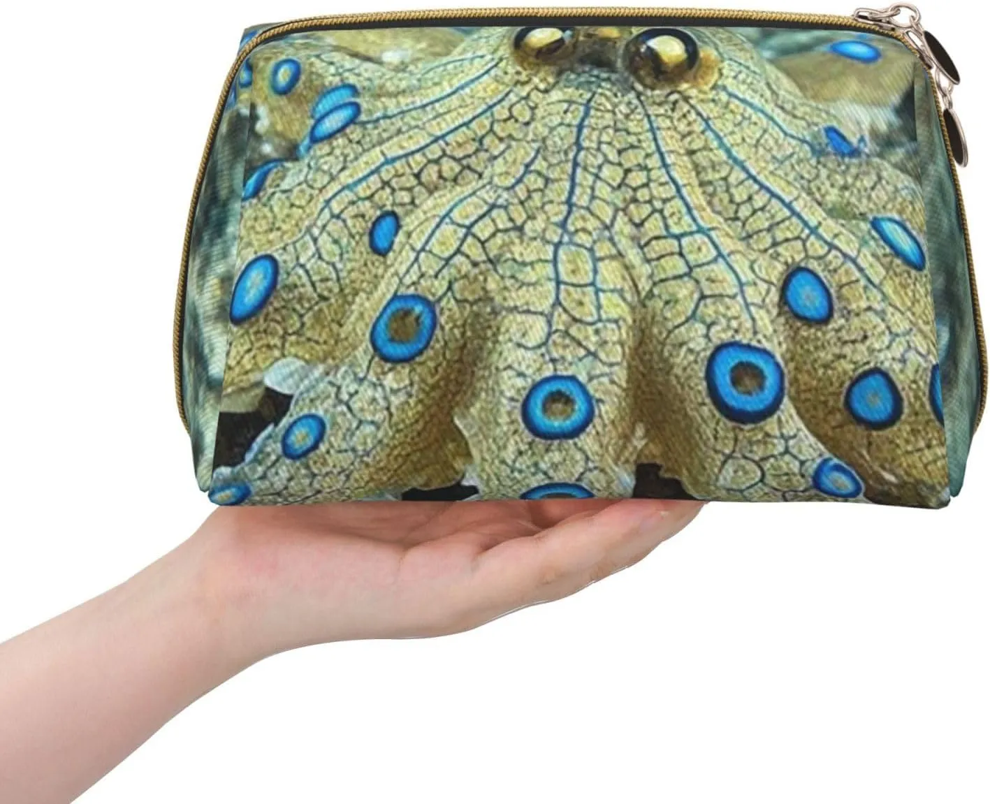 Cosmetic Bag Travel Makeup Bag Waterproof Toiletry Pouch Portable Wide Open Pouch Chickens and Farm Makeup Organizer Case Large Capacity Zipper Pouch Toiletry Bag for Women, Blue Ringed Octopus, One