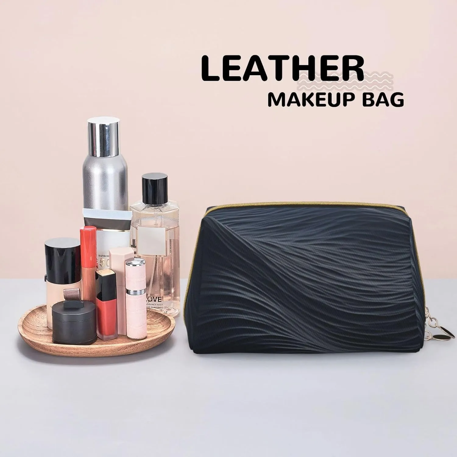 Cosmetic bag Travel Makeup Bag Waterproof Toiletry Pouch Portable Wide open Pouch Deep black waves Makeup Organizer Case Large Capacity Zipper Pouch Toiletry bag for women