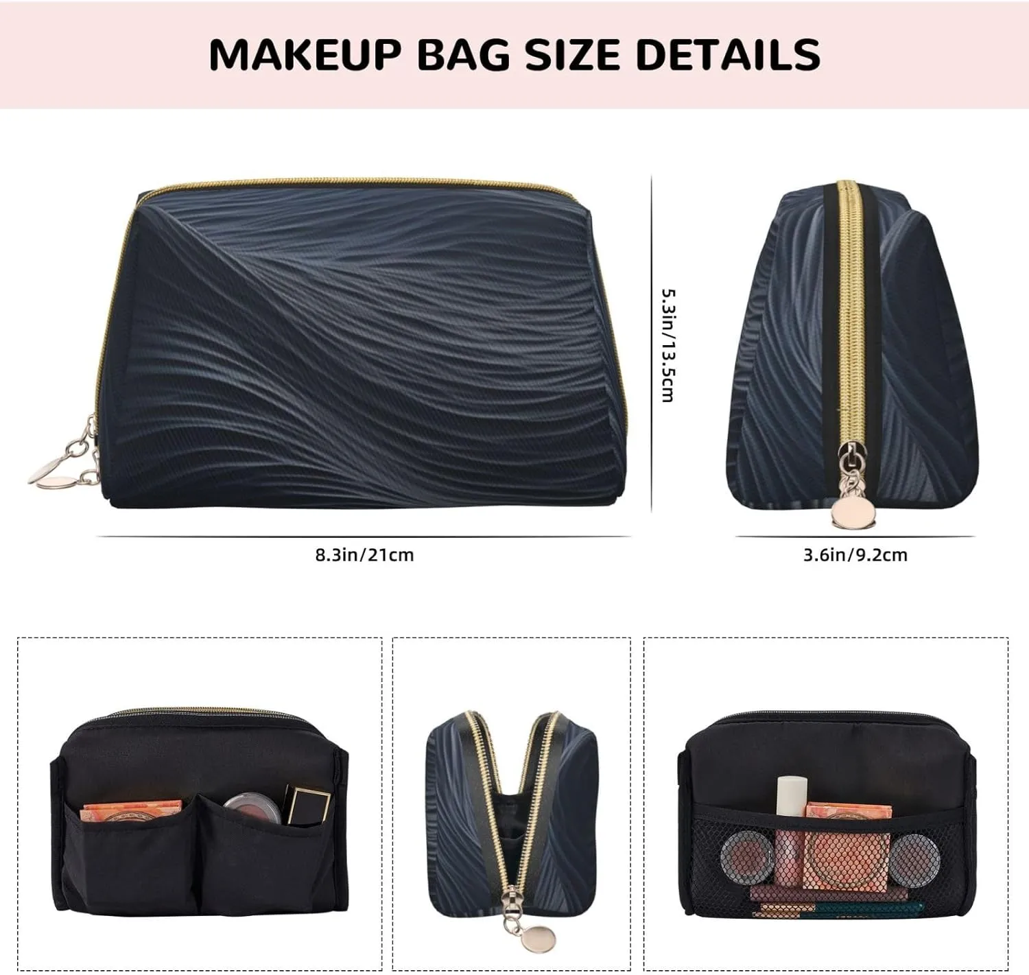 Cosmetic bag Travel Makeup Bag Waterproof Toiletry Pouch Portable Wide open Pouch Deep black waves Makeup Organizer Case Large Capacity Zipper Pouch Toiletry bag for women