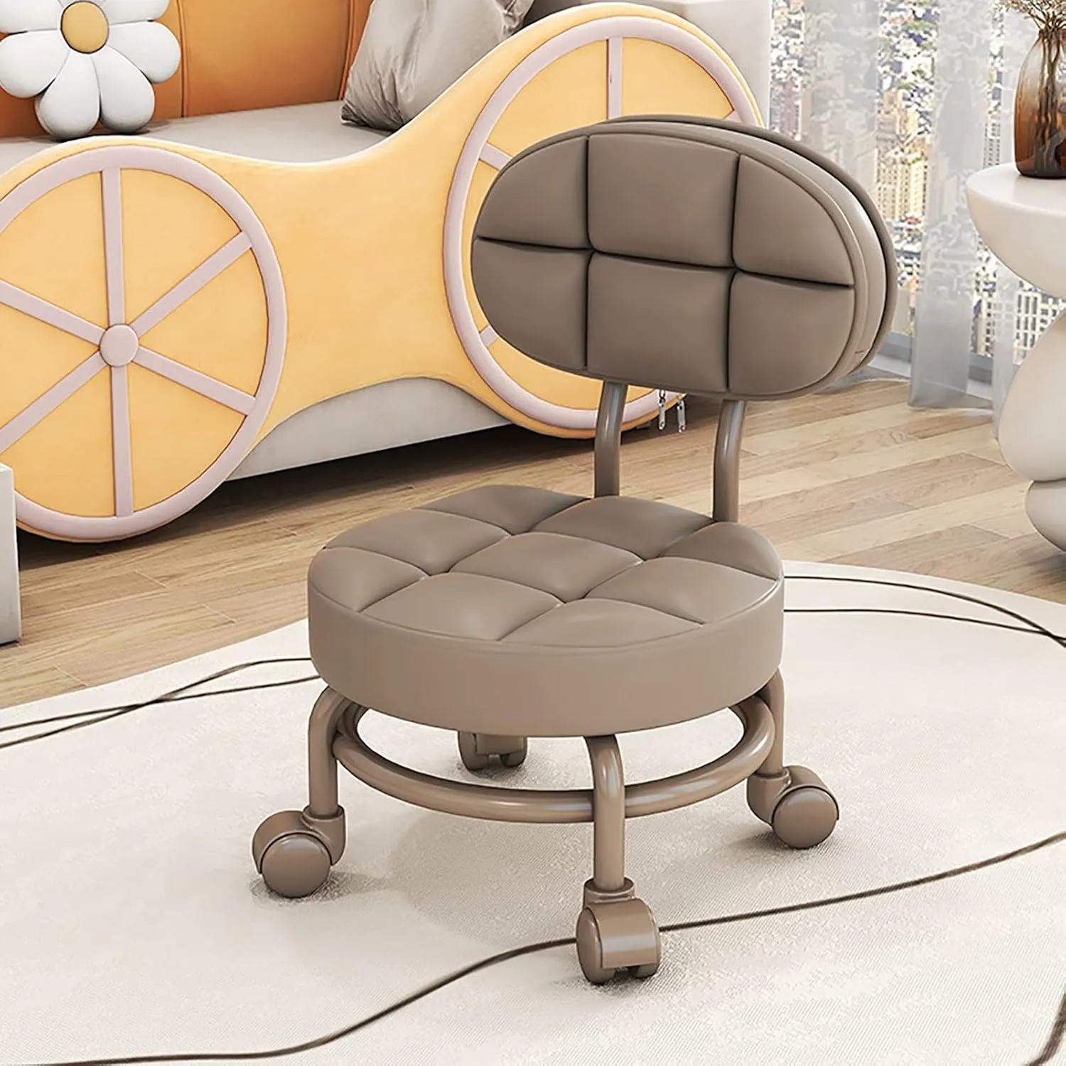 Cosmetic Stool Rolling Stool Low Roller Seat Wheel Stool, Low Rolling Stool Round Rolling Stool Wheels, Rolling Scoot StoolCushion(L) (F) (C)