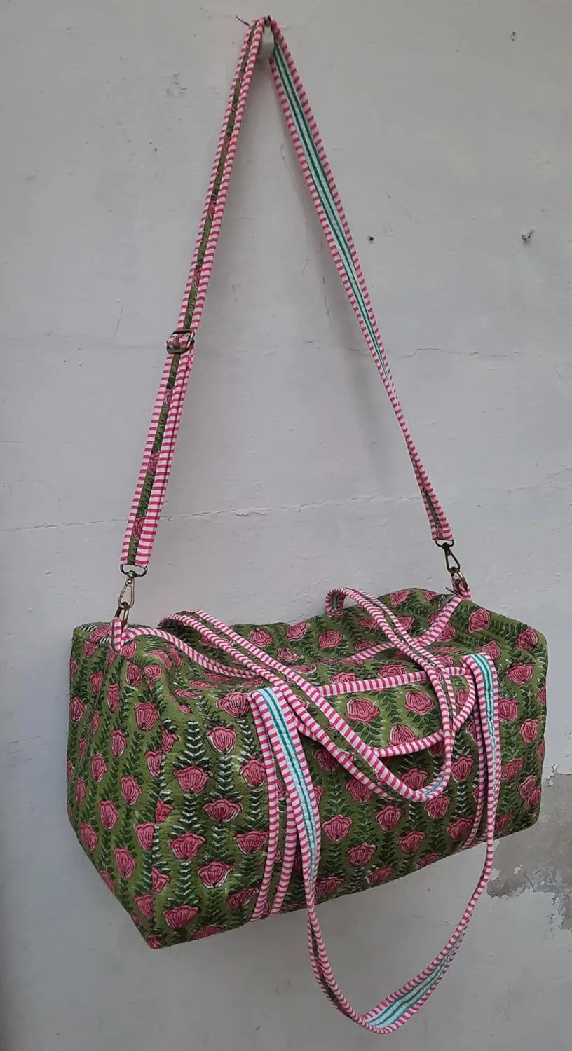 Cotton Quilted Duffle Bag Floral Print Bags Shoulder Weekender Overnight Travel Carry Gym Luggage Yoga Bag (Design-10_11)
