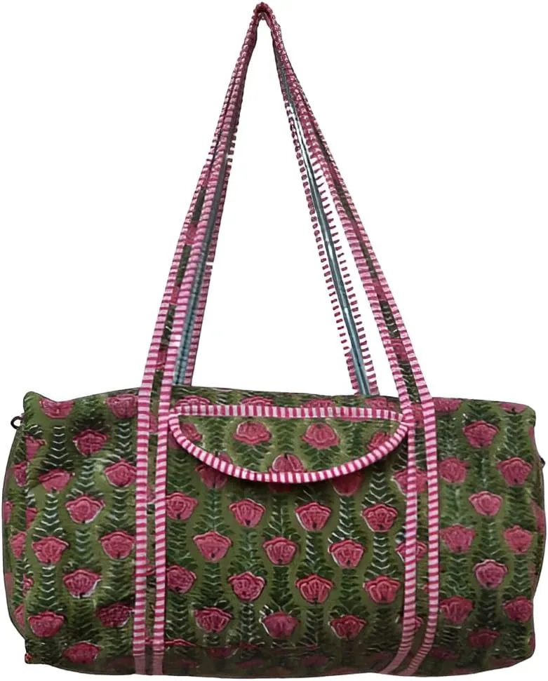 Cotton Quilted Duffle Bag Floral Print Bags Shoulder Weekender Overnight Travel Carry Gym Luggage Yoga Bag (Design-10_11)