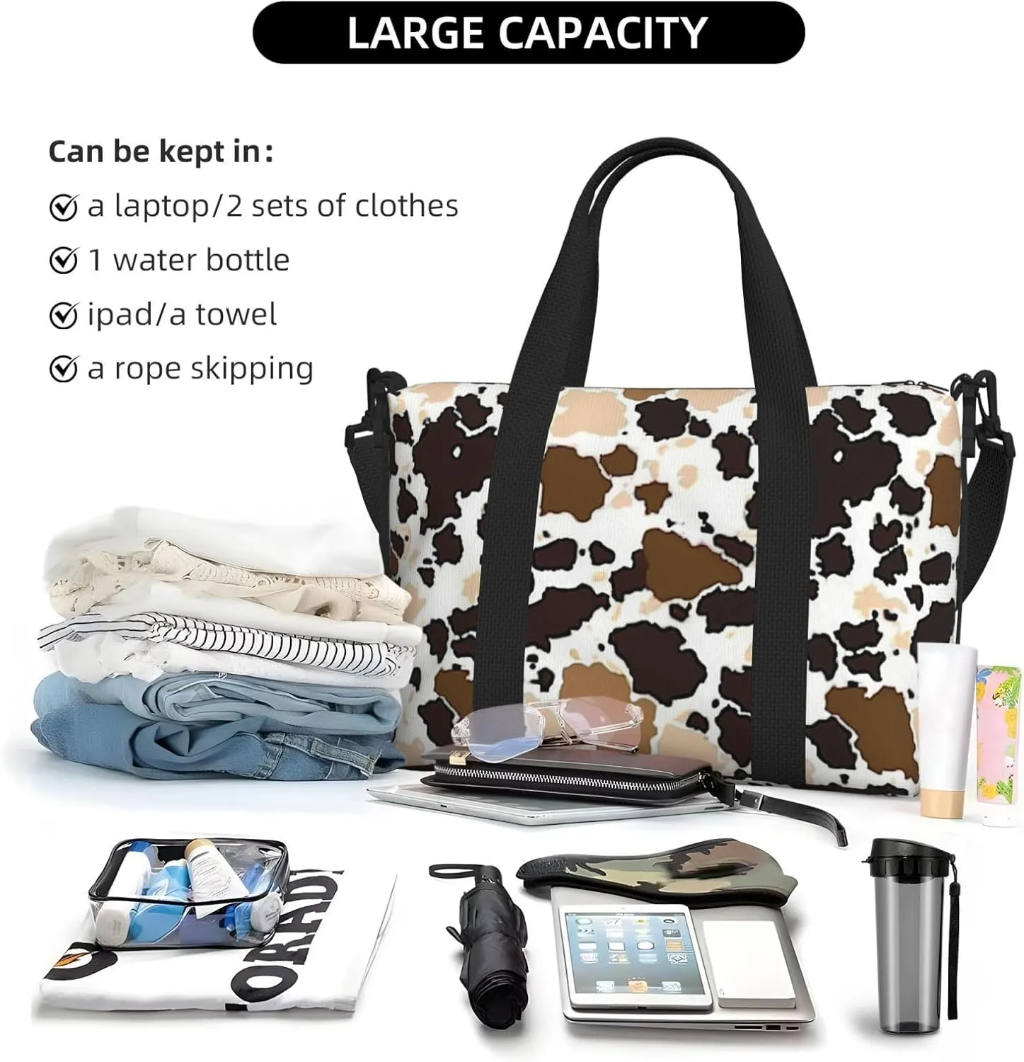 cow cowhide print Travel Duffel Bag, Sports Tote Gym Bag, Swim Pool Bag Large Shoulder Tote Bag for Beach Weekender, 202-406-121