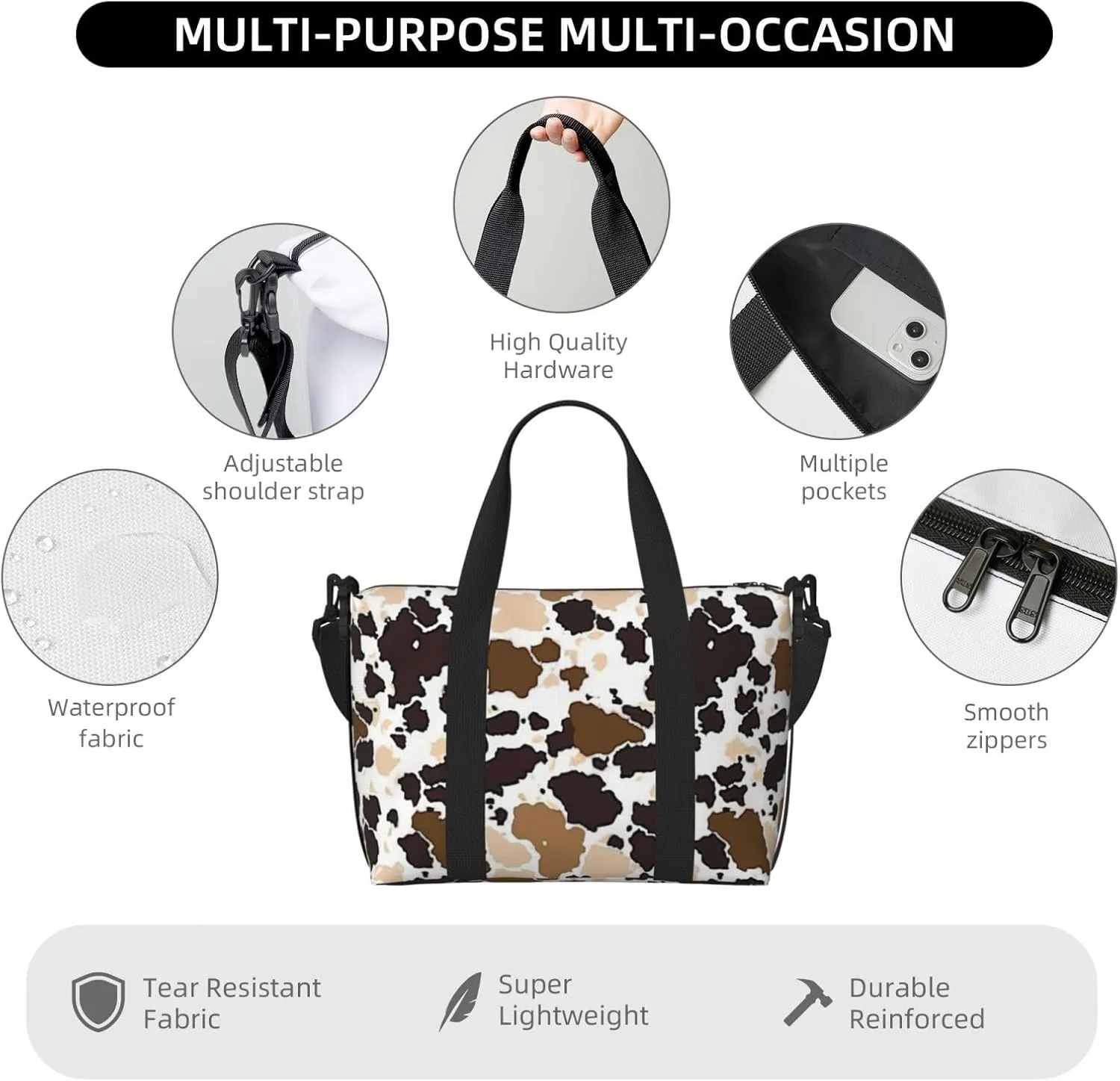 cow cowhide print Travel Duffel Bag, Sports Tote Gym Bag, Swim Pool Bag Large Shoulder Tote Bag for Beach Weekender, 202-406-121