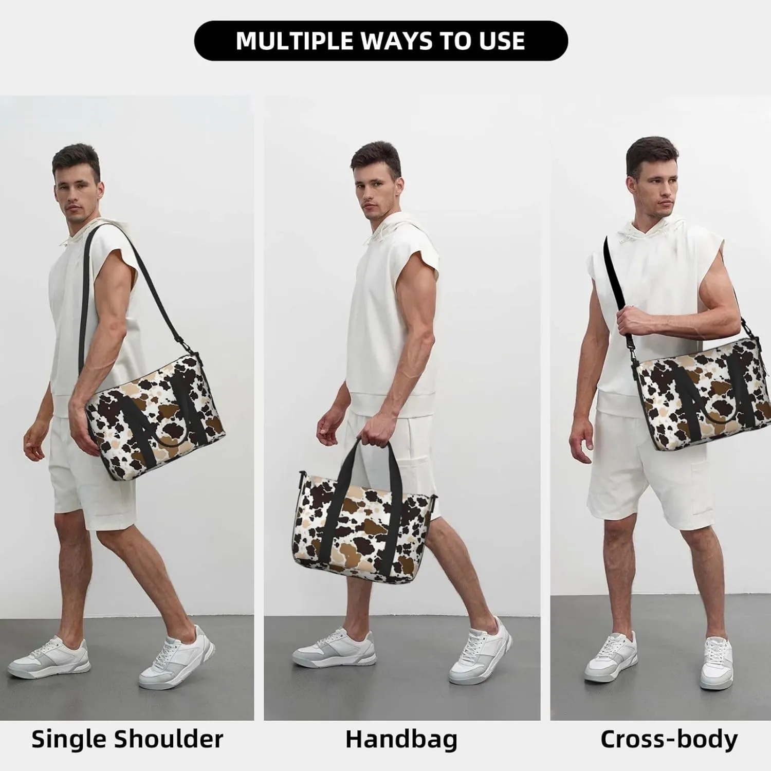 cow cowhide print Travel Duffel Bag, Sports Tote Gym Bag, Swim Pool Bag Large Shoulder Tote Bag for Beach Weekender, 202-406-121
