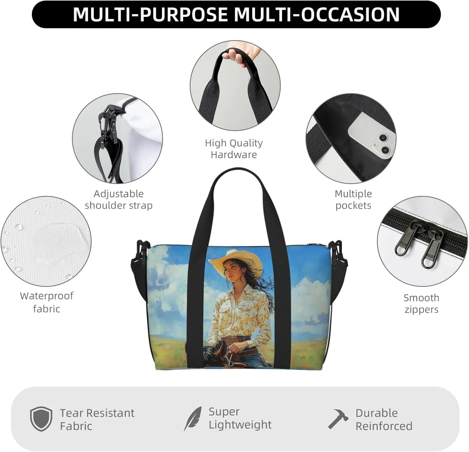cowgir horseback print Travel Duffel Bag, Sports Tote Gym Bag, Swim Pool Bag Large Shoulder Tote Bag for Beach Weekender