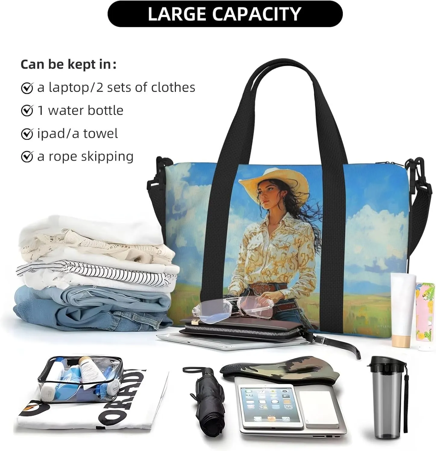 cowgir horseback print Travel Duffel Bag, Sports Tote Gym Bag, Swim Pool Bag Large Shoulder Tote Bag for Beach Weekender