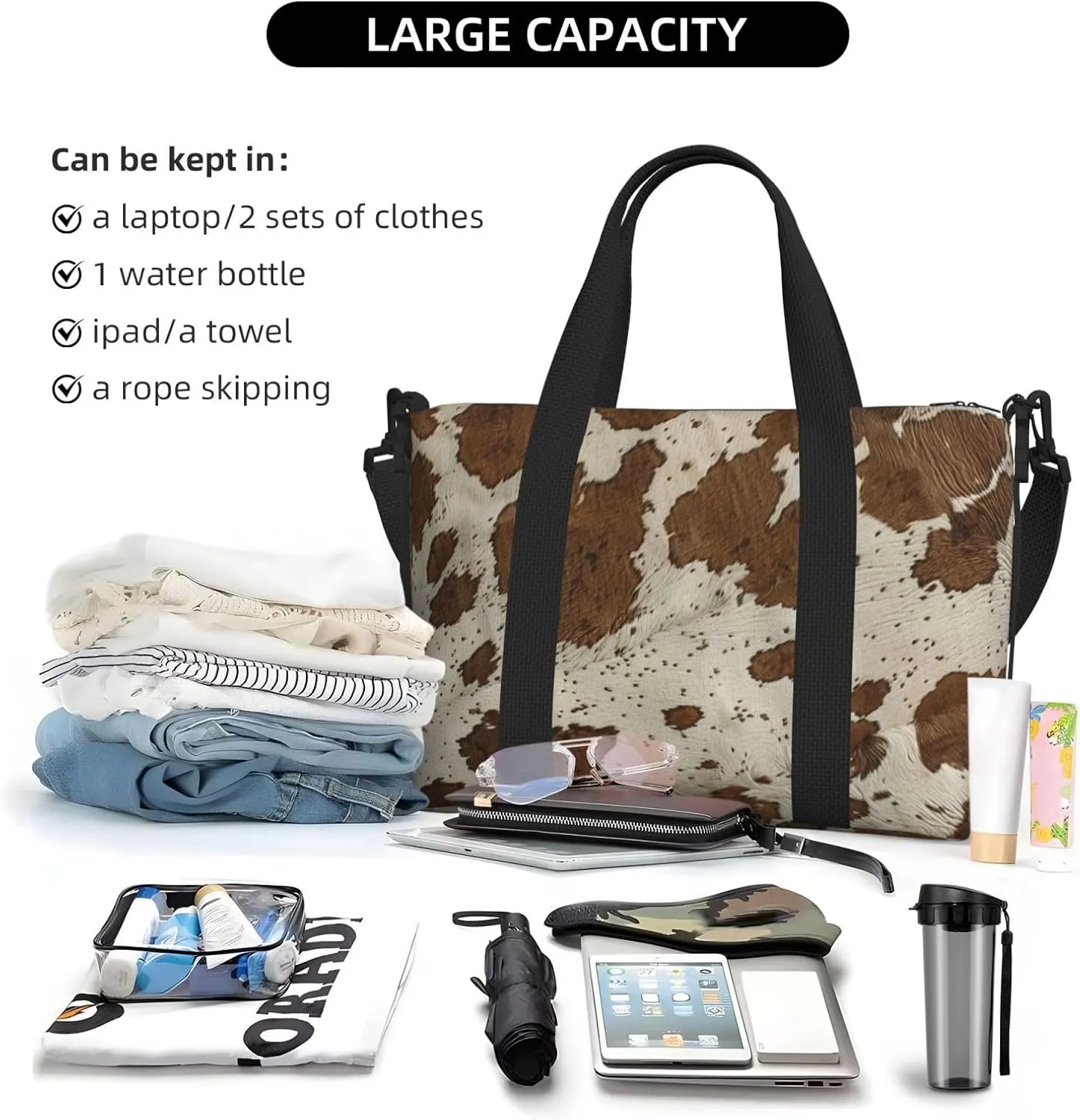 cowhide print Travel Duffel Bag, Sports Tote Gym Bag, Swim Pool Bag Large Shoulder Tote Bag for Beach Weekender, 202-406-121