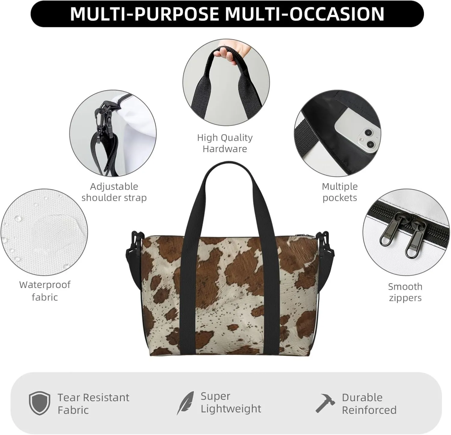 cowhide print Travel Duffel Bag, Sports Tote Gym Bag, Swim Pool Bag Large Shoulder Tote Bag for Beach Weekender, 202-406-121