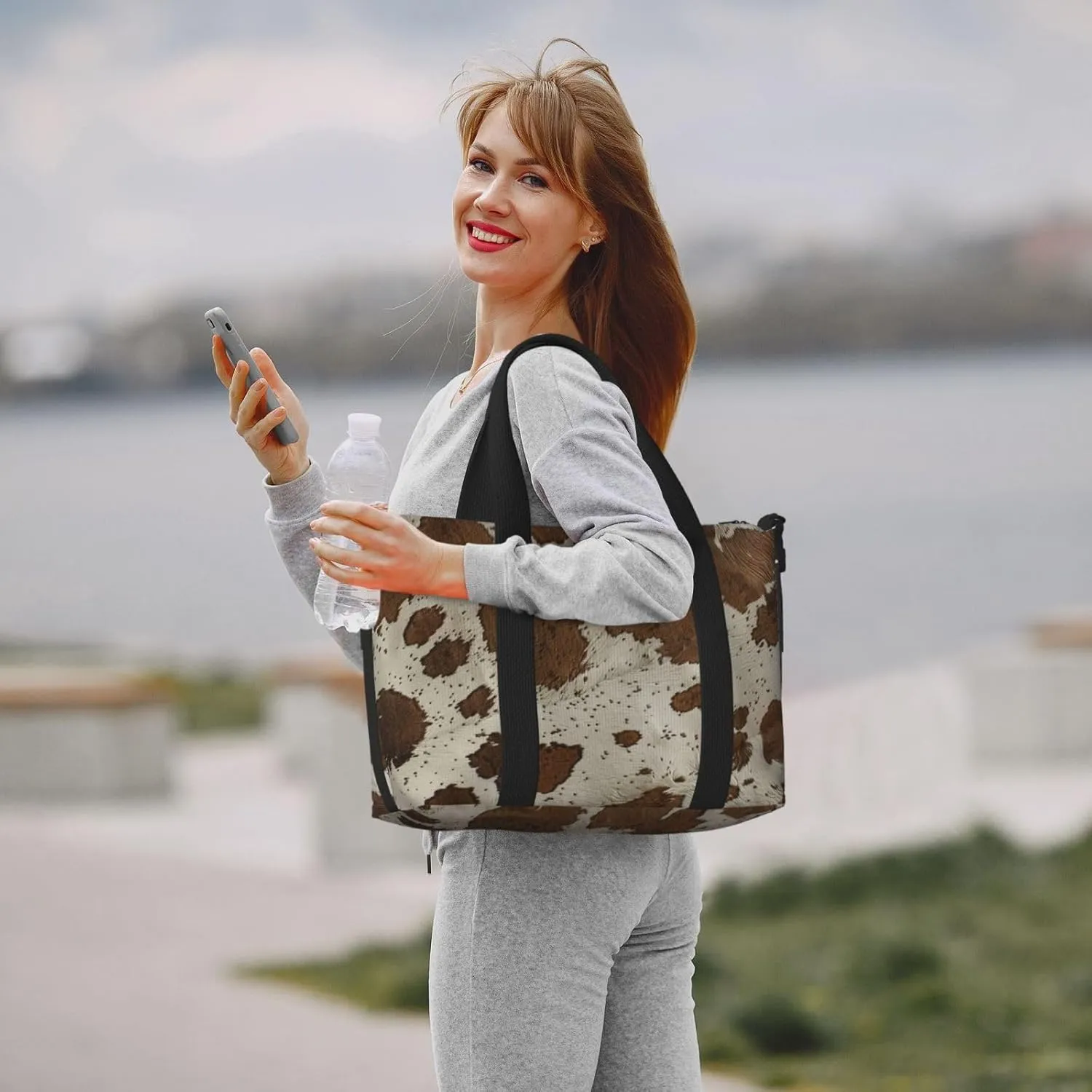 cowhide print Travel Duffel Bag, Sports Tote Gym Bag, Swim Pool Bag Large Shoulder Tote Bag for Beach Weekender, 202-406-121