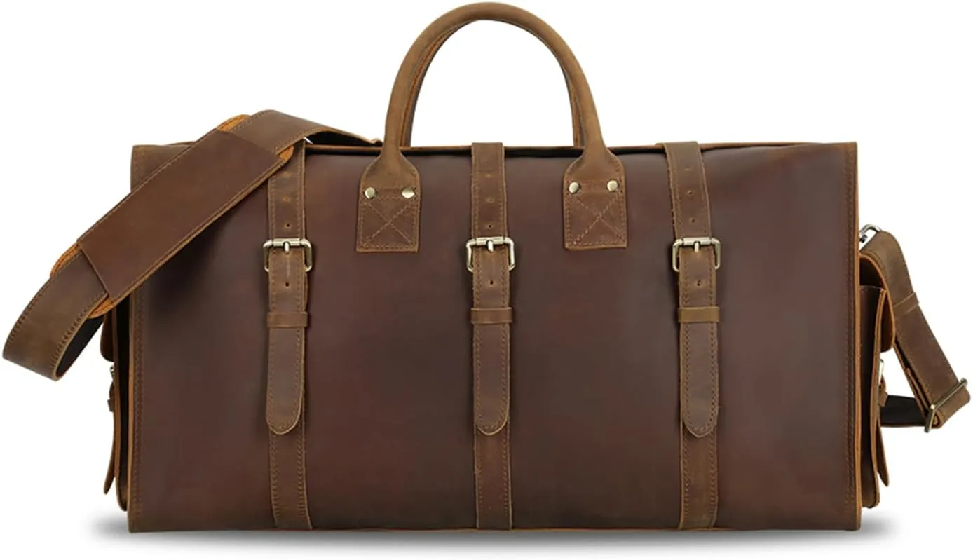 Crazy Horse Leather Travel Duffel Bag for Men and Women Carry On Bags Weekender Business Suitcase