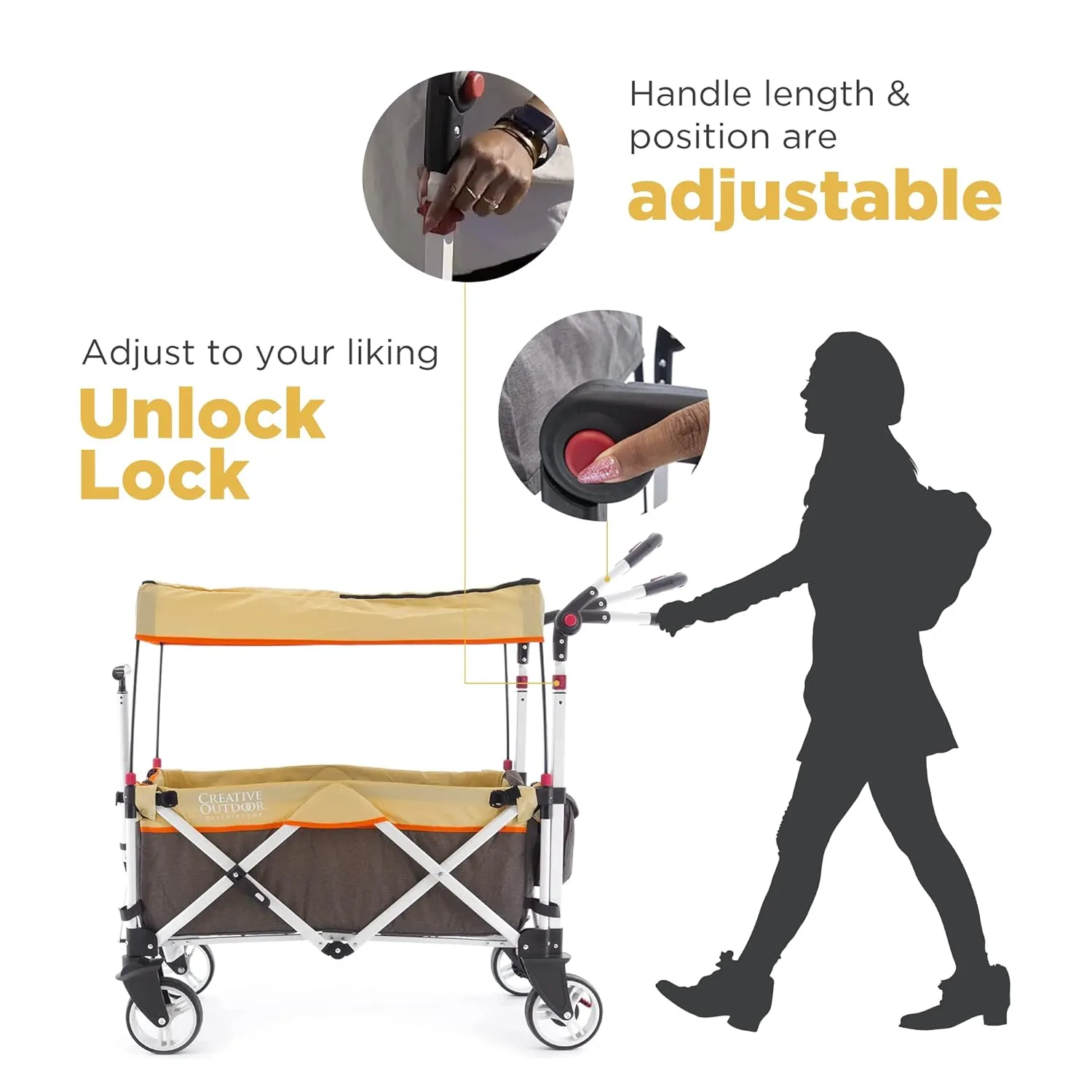 Creative Outdoors Push Pull Ultra Compact Folding Stroller Wagon with Canopy for Camping, Beach, Park, Sporting Events, Supports up to 150lbs, Brown/Tan