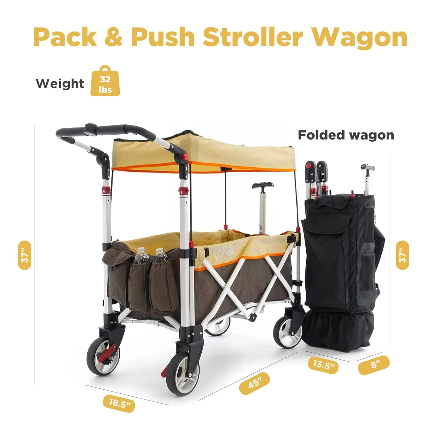 Creative Outdoors Push Pull Ultra Compact Folding Stroller Wagon with Canopy for Camping, Beach, Park, Sporting Events, Supports up to 150lbs, Brown/Tan