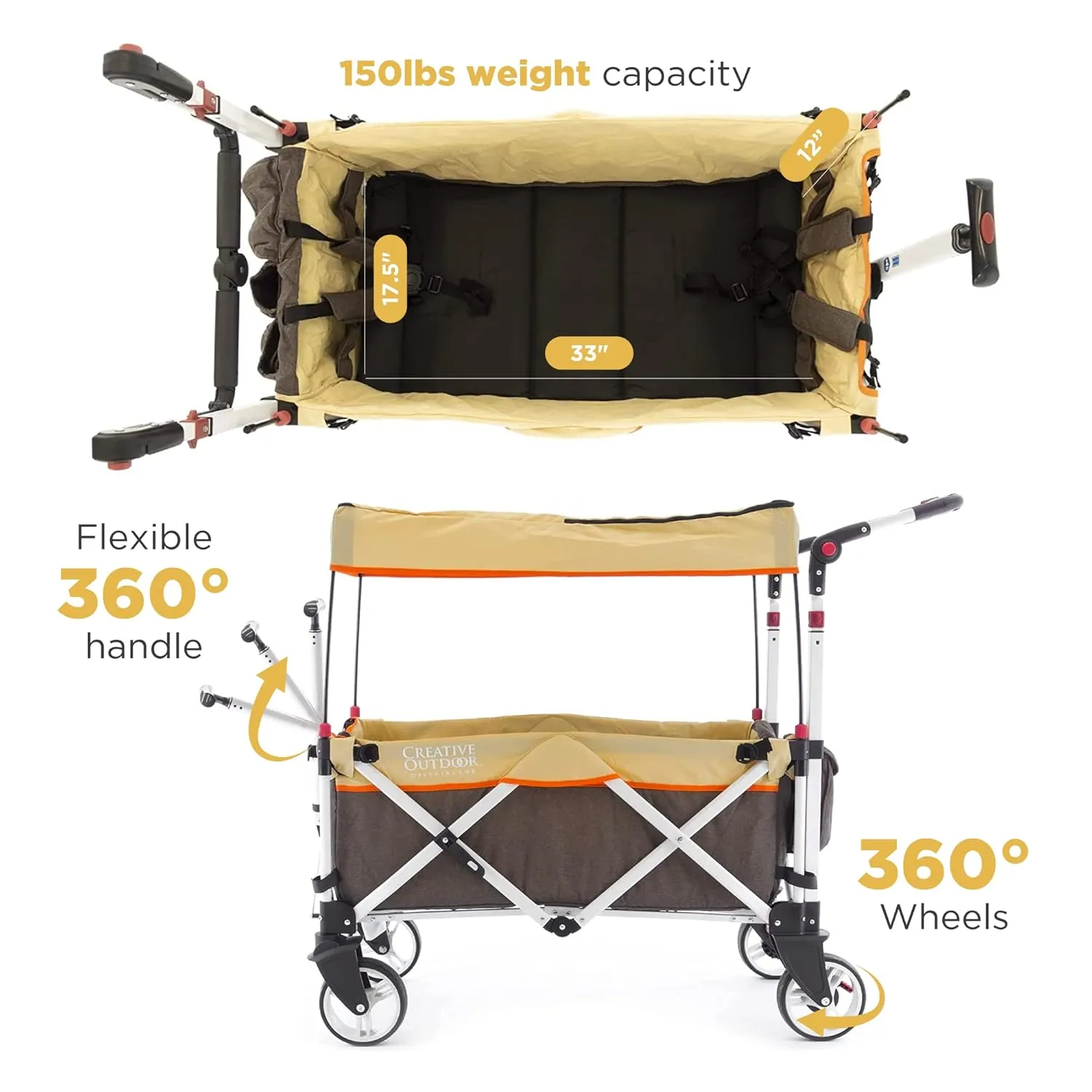 Creative Outdoors Push Pull Ultra Compact Folding Stroller Wagon with Canopy for Camping, Beach, Park, Sporting Events, Supports up to 150lbs, Brown/Tan