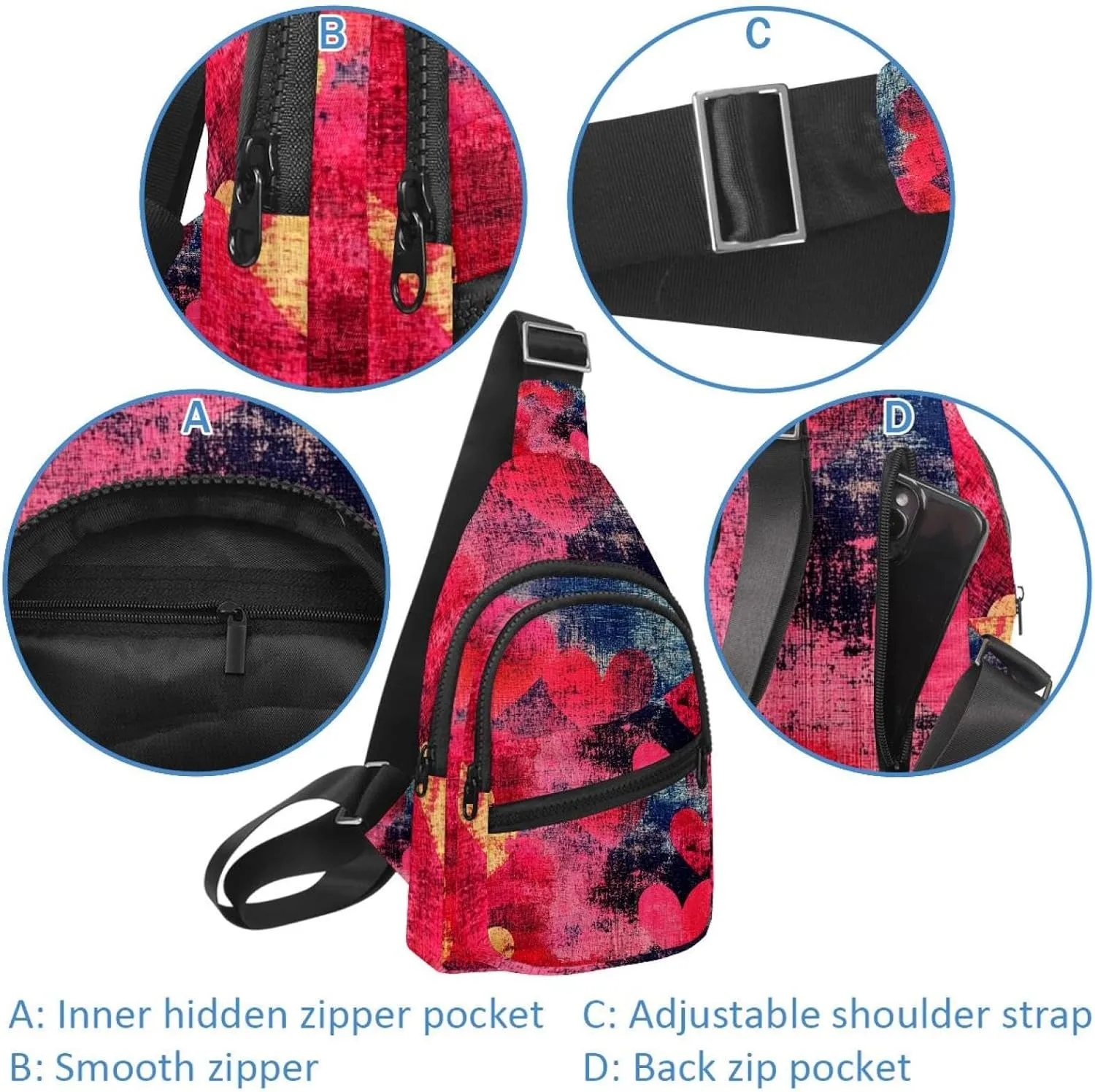 Crossbody Bags for Women Men Abstract Hearts (3) Sling Bag Bakpack Casual Chest Bag with Convertible Shoulder Strap