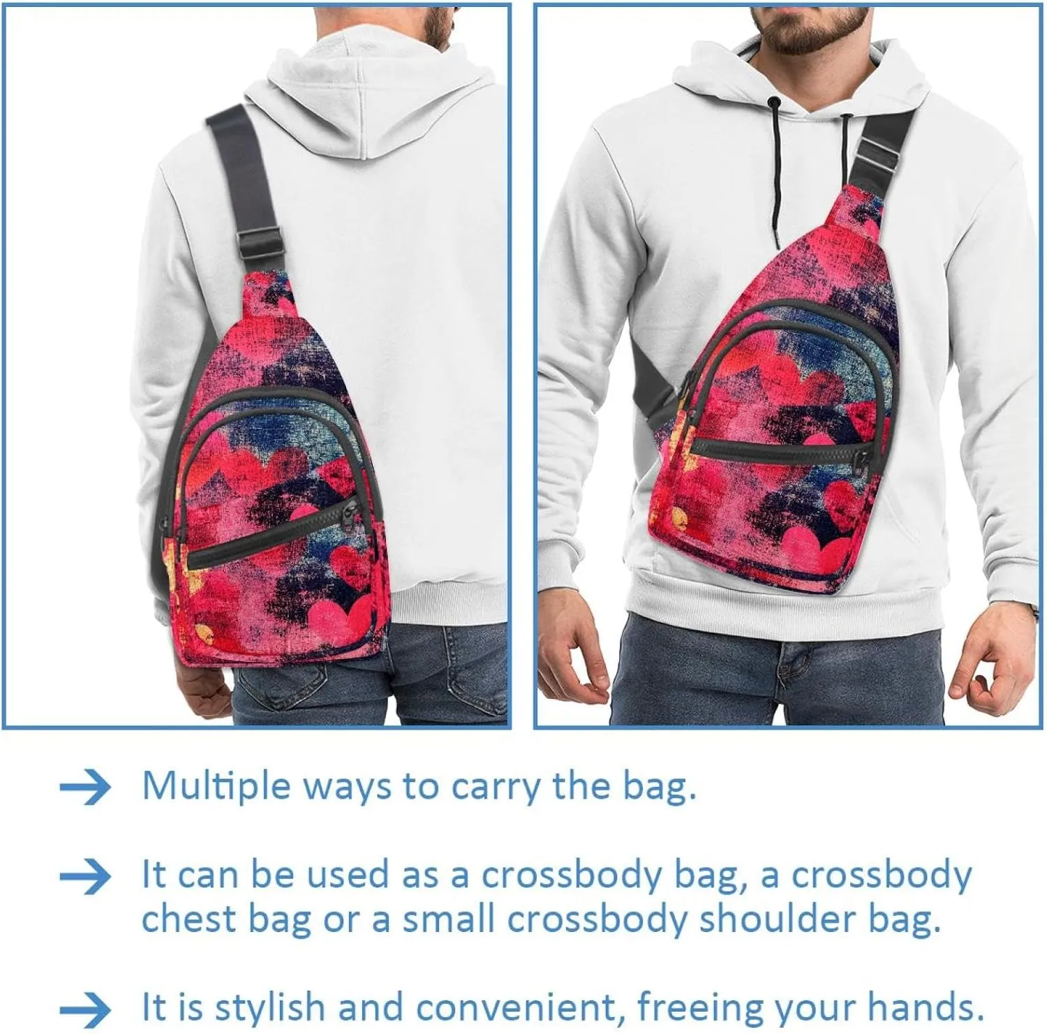 Crossbody Bags for Women Men Abstract Hearts (3) Sling Bag Bakpack Casual Chest Bag with Convertible Shoulder Strap