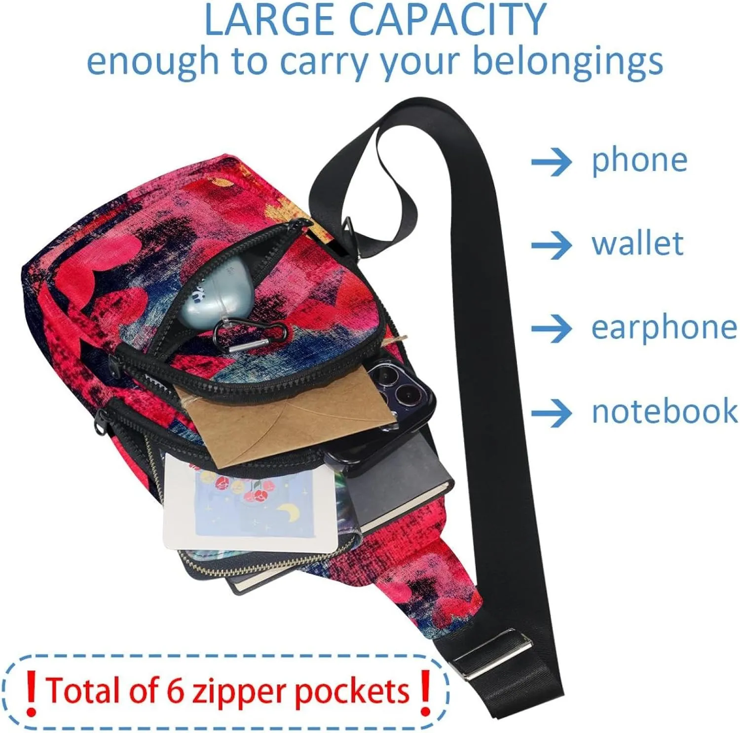 Crossbody Bags for Women Men Abstract Hearts (3) Sling Bag Bakpack Casual Chest Bag with Convertible Shoulder Strap