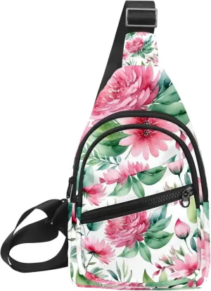 Crossbody Bags for Women Men Pink Flowers with Leaves Sling Bag Bakpack Casual Chest Bag with Convertible Shoulder Strap