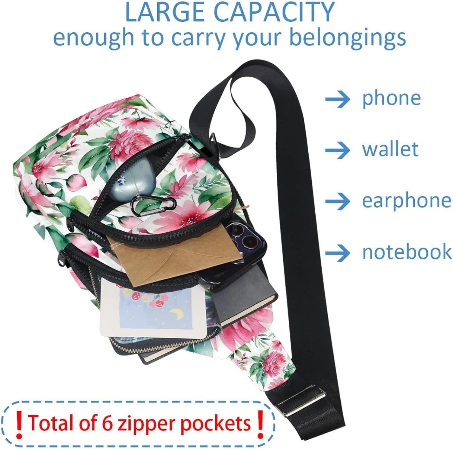 Crossbody Bags for Women Men Pink Flowers with Leaves Sling Bag Bakpack Casual Chest Bag with Convertible Shoulder Strap