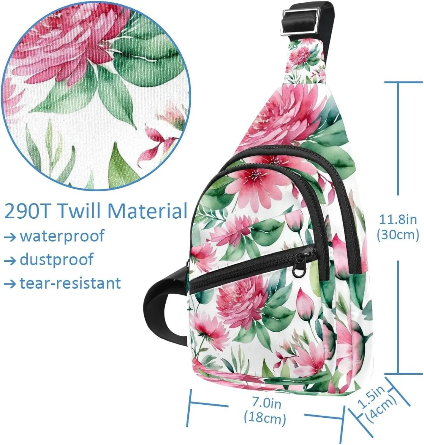 Crossbody Bags for Women Men Pink Flowers with Leaves Sling Bag Bakpack Casual Chest Bag with Convertible Shoulder Strap