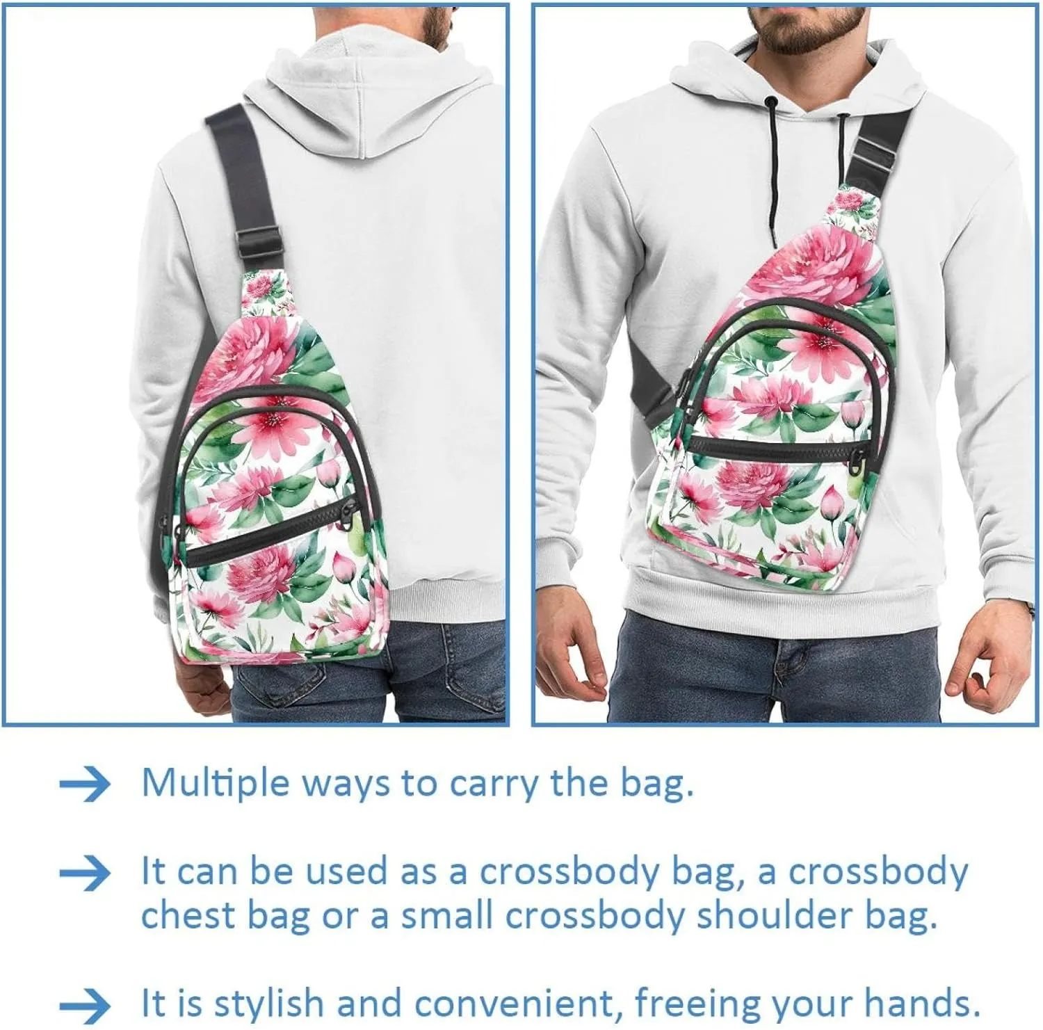 Crossbody Bags for Women Men Pink Flowers with Leaves Sling Bag Bakpack Casual Chest Bag with Convertible Shoulder Strap