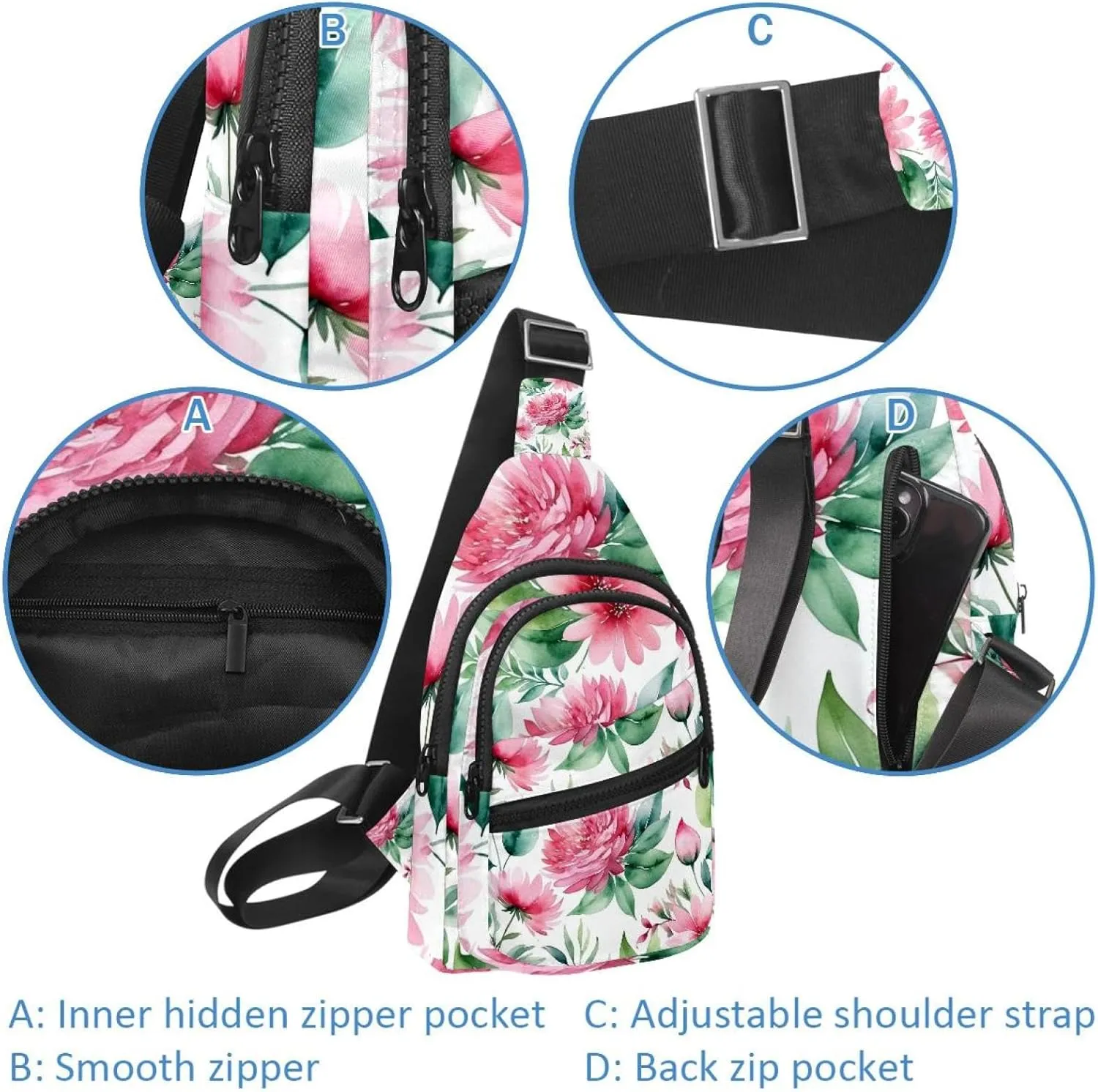 Crossbody Bags for Women Men Pink Flowers with Leaves Sling Bag Bakpack Casual Chest Bag with Convertible Shoulder Strap