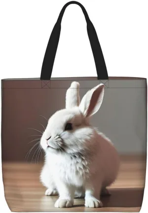 Cry White Rabbit Large-Capacity Polyester Tote Bag With Zipper Pockets One-Shoulder Tote Bag For Everything.